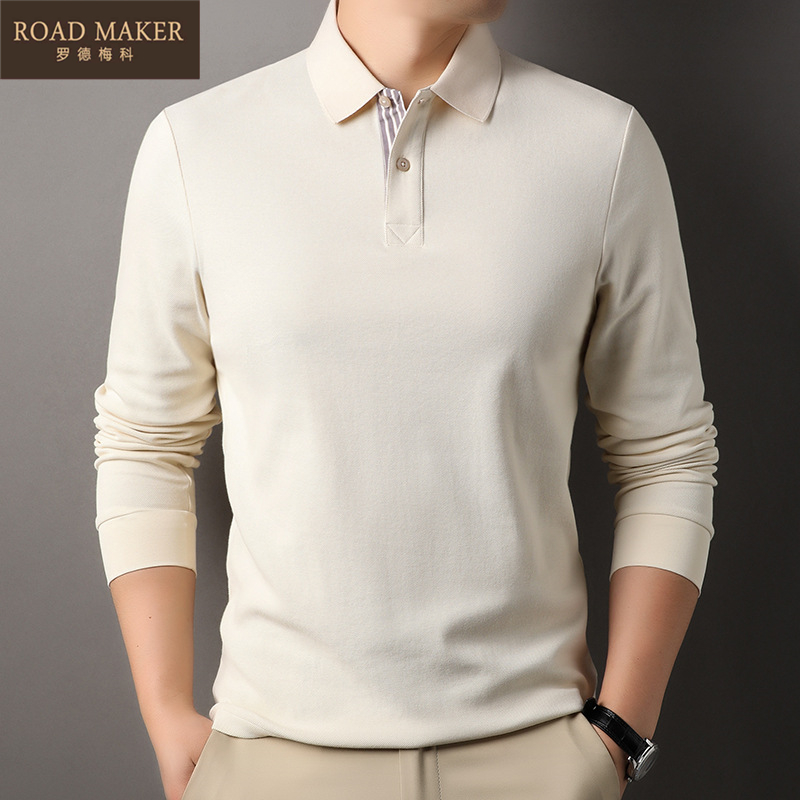 ROADMAKER春秋款纯棉长袖T恤男士2025商务休闲纯色透气翻领polo衫