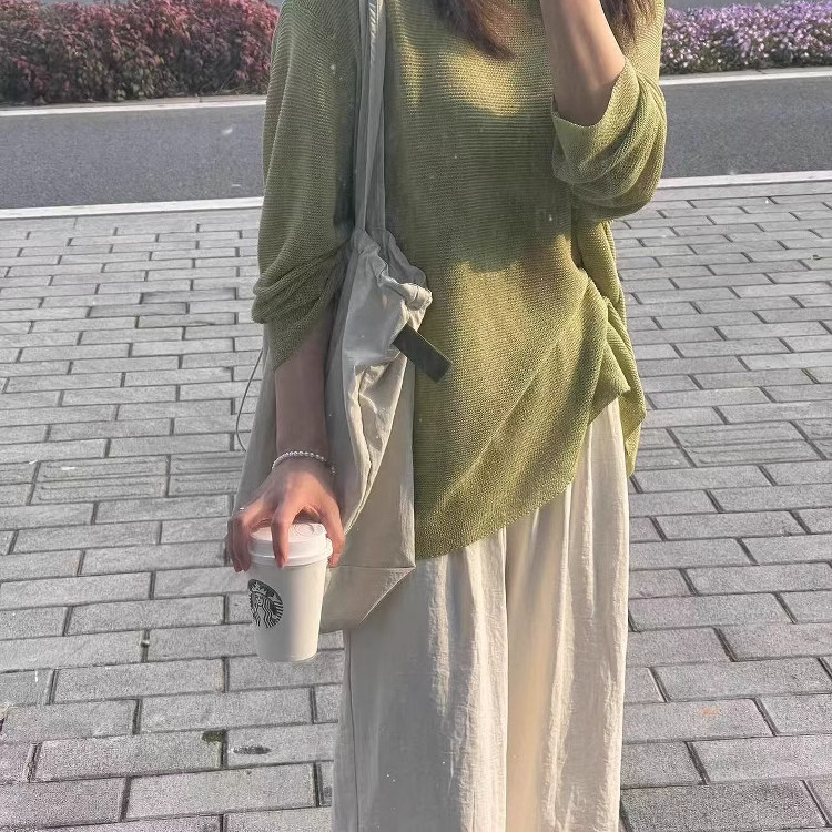 慵懒风绿色套头冰丝针织罩衫女春夏宽松显瘦圆领防晒镂空上衣