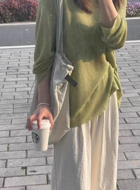 慵懒风绿色套头冰丝针织罩衫