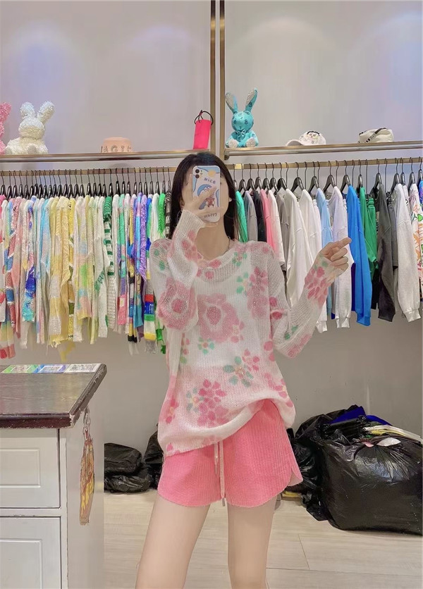 烫钻花朵针织衫女宽松套头春秋新款韩版慵懒风薄款圆领毛衣外穿潮
