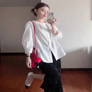 翠色嘉人港风高级感2026春夏新款宽松压褶七分袖女衬衫上衣84018