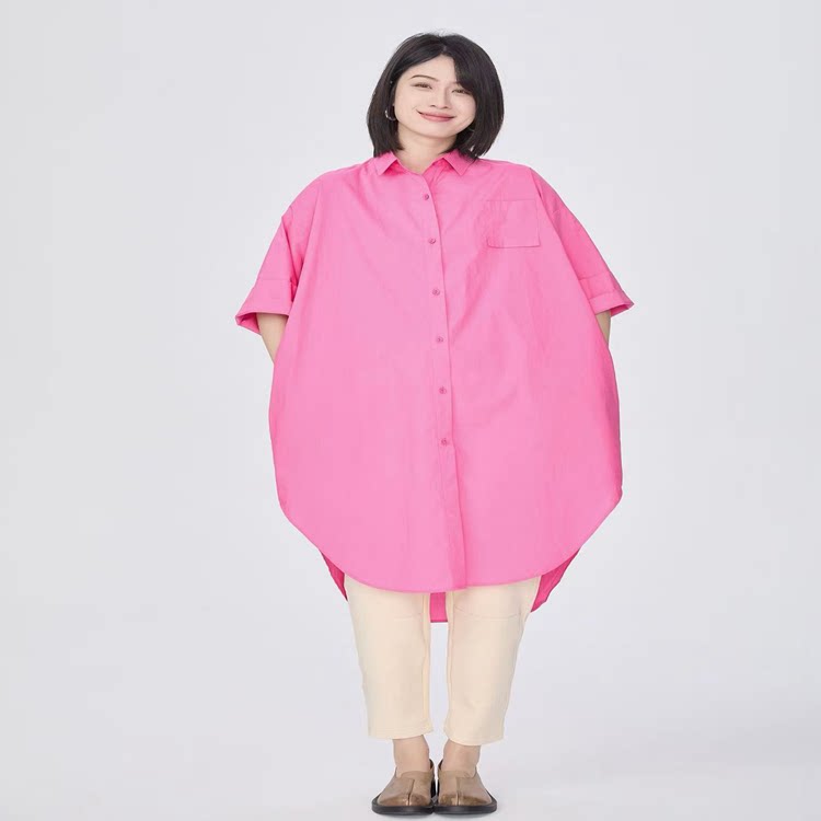 紫布语2026夏季新款文艺小众百搭翻领长款纯棉五分袖衬衫裙女676