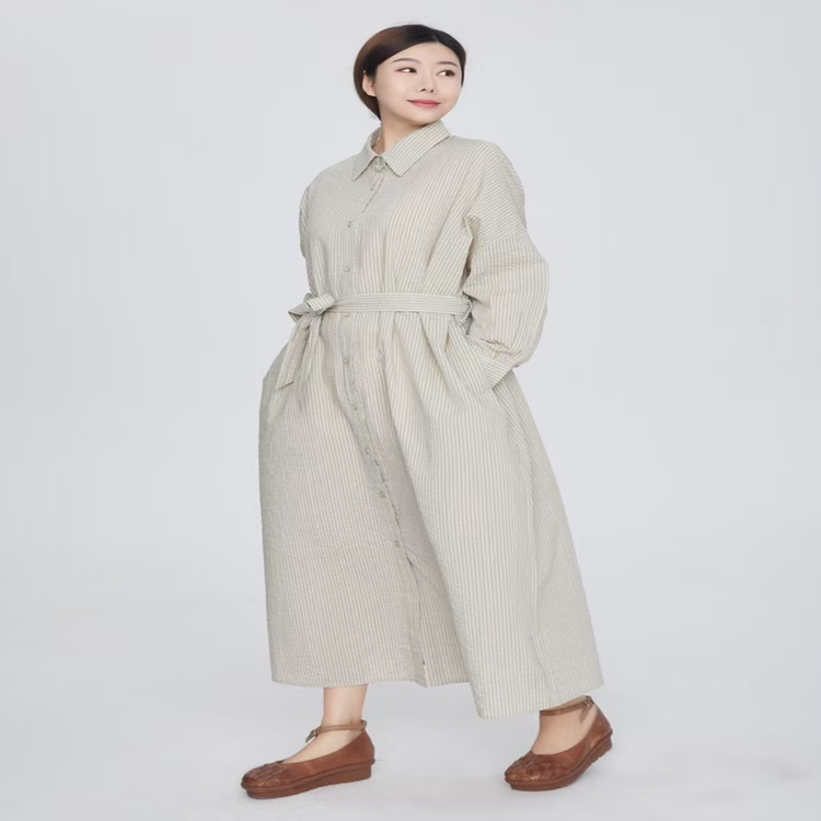 紫布语2025秋季新款通勤文艺腰间可系带纯棉女长袖衬衫连衣裙3516