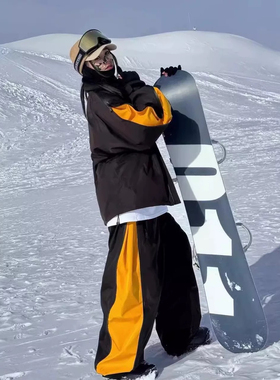 将军山滑雪服租赁，LDAB枯叶黄拉链拼接滑雪服套装2024新，男女款