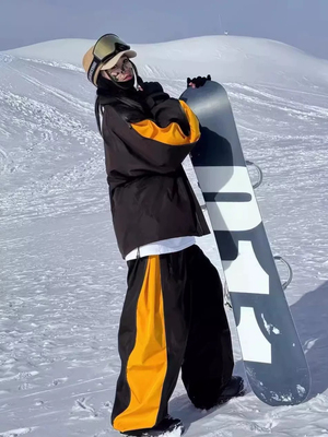 将军山滑雪服租赁，LDAB枯叶黄拉链拼接滑雪服套装2024新，男女款