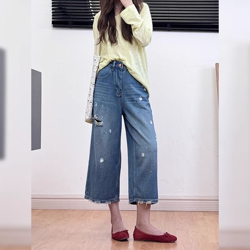 泼墨破洞七分牛仔裤女韩版2025年夏季大码胖mm高腰垂感直筒阔腿裤