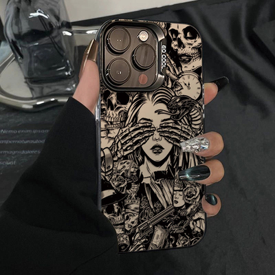 骷髅女孩适用苹果16promax彩银iPhone15pro手机壳14/13/12/11磨砂