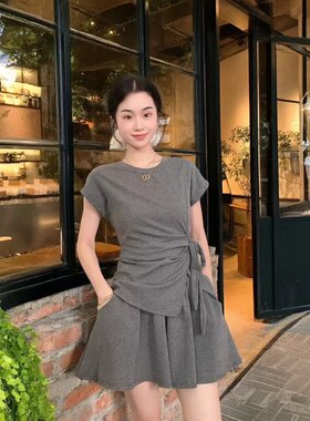 微胖mm设计感系带时尚宽松带短袖T恤上衣短裤裙两件套夏季新品