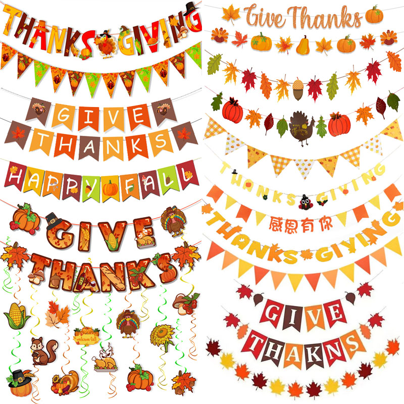 感恩节主题枫叶火鸡装饰横幅拉花