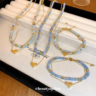 波西米亚风爱心海宝蓝手链项链小清新复古百搭手串爆款首饰套装女