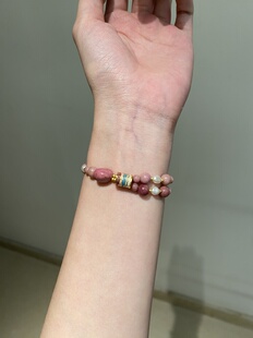 原创新中式天然蔷薇石沙金守财小金袋磁吸扣手链