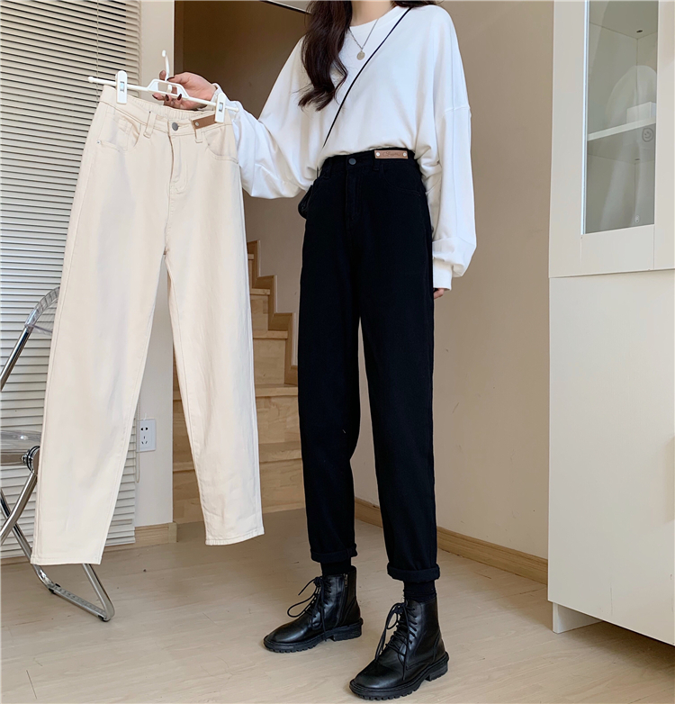 Real shot real price ~ cashmere thickened elastic waist straight pants women's Korean loose and versatile thin jeans