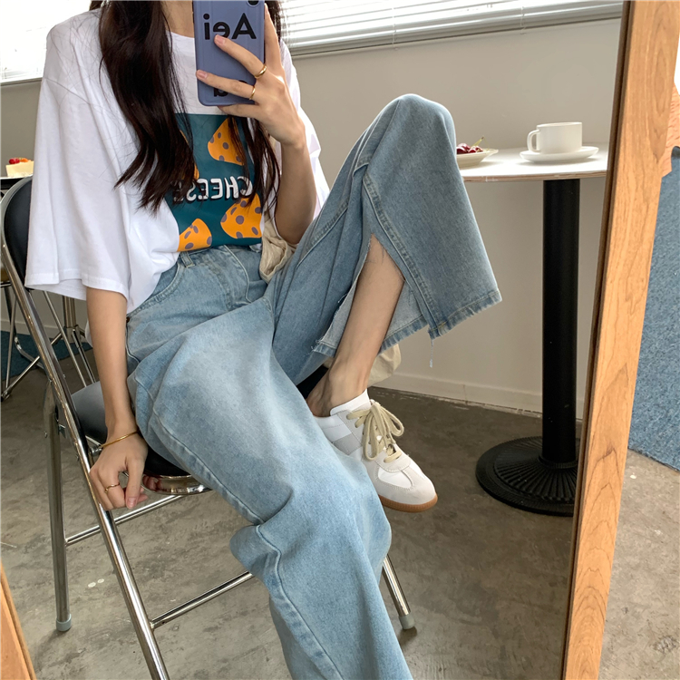 Real shot real price straight tube denim women's slit loose high waist thin Korean style wide leg pants