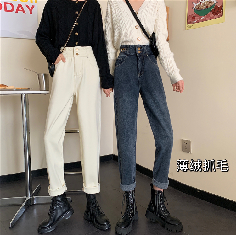 Real shot real price ා thickened Plush autumn and winter double breasted high waist, slim and versatile straight tube Wide Leg Jeans Pants