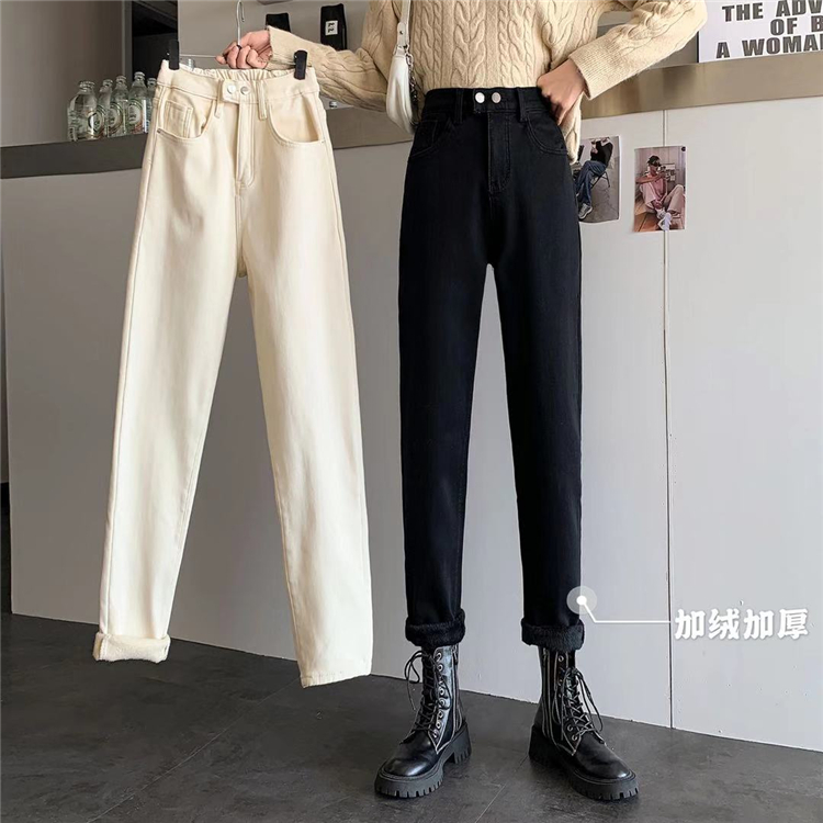 Real shot and real price real price cashmere thickened autumn winter Korean double button half elastic waist straight tube loose father jeans