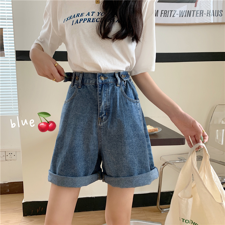Real shot real price Chenchao ins short 2020 loose Korean version high waist slim all in one style straight tube wide leg 5-point jeans