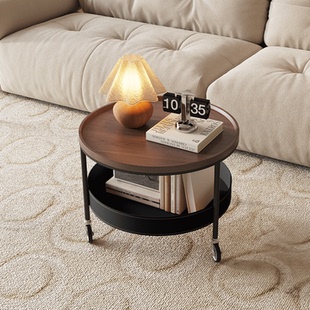 法式中古风家用客厅可移动复古小推车茶几轻奢高级感圆形小桌子