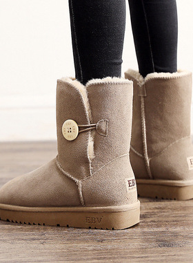 EBV 雪地靴女真皮中筒靴时尚保暖加厚加绒防滑可爱皮毛一体棉鞋子
