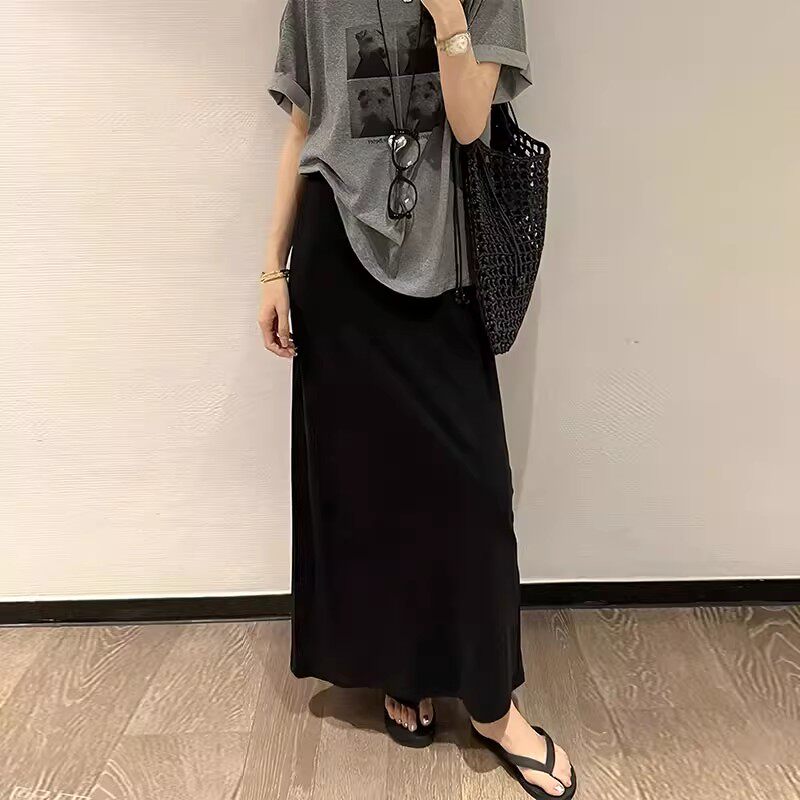 松紧腰垂感后开叉半身裙女夏季新款凉感大码胖mm宽松显瘦中长裙子