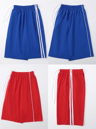 红色五分冰丝薄款初高中小学生校裤班服休闲运动裤短裤蓝色白杠