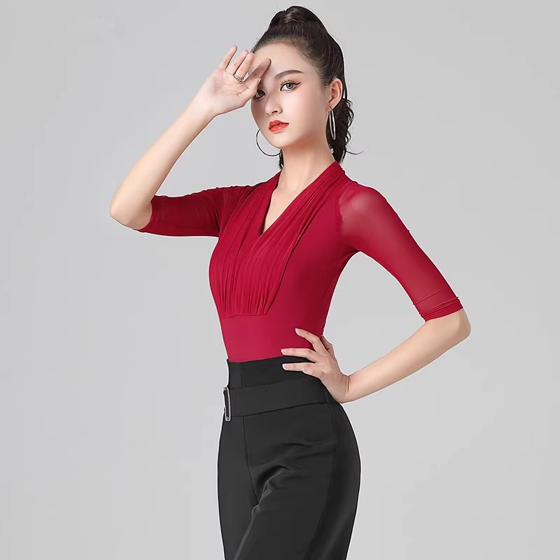 拉丁舞上衣女成人网纱舞蹈交谊舞国标舞摩登舞体操练功服连体舞衣