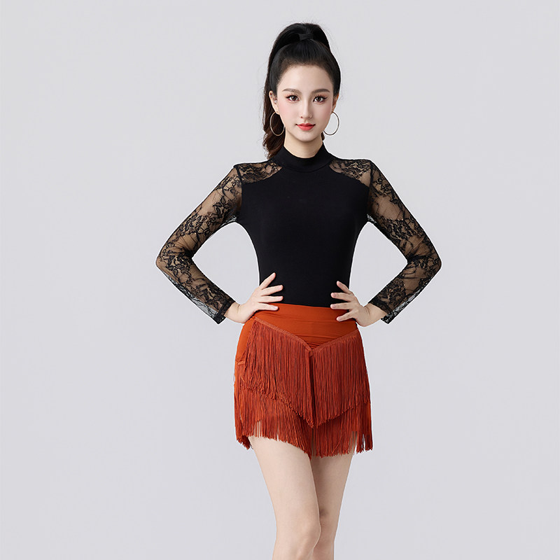 拉丁舞裙舞服套装成人女舞蹈服春夏新款流苏长袖交谊跳舞衣服显瘦