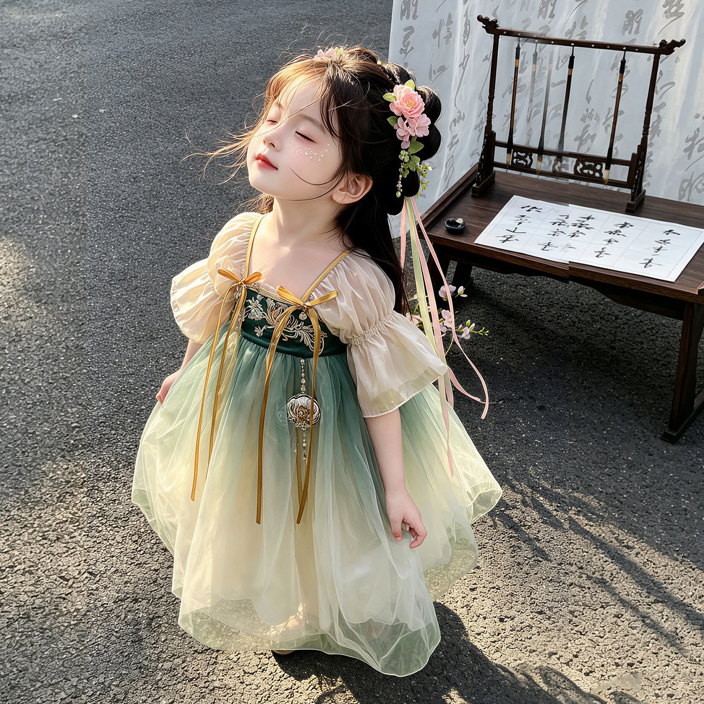 国风女童刺绣花朵汉服连衣裙2026夏季新款网纱六一演出服中式童装