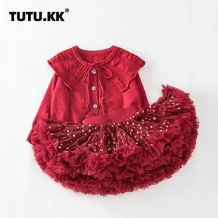 儿童蓬蓬纱裙套装两件套秋冬季红色毛衣tutu裙凸凸女宝半身裙搭配