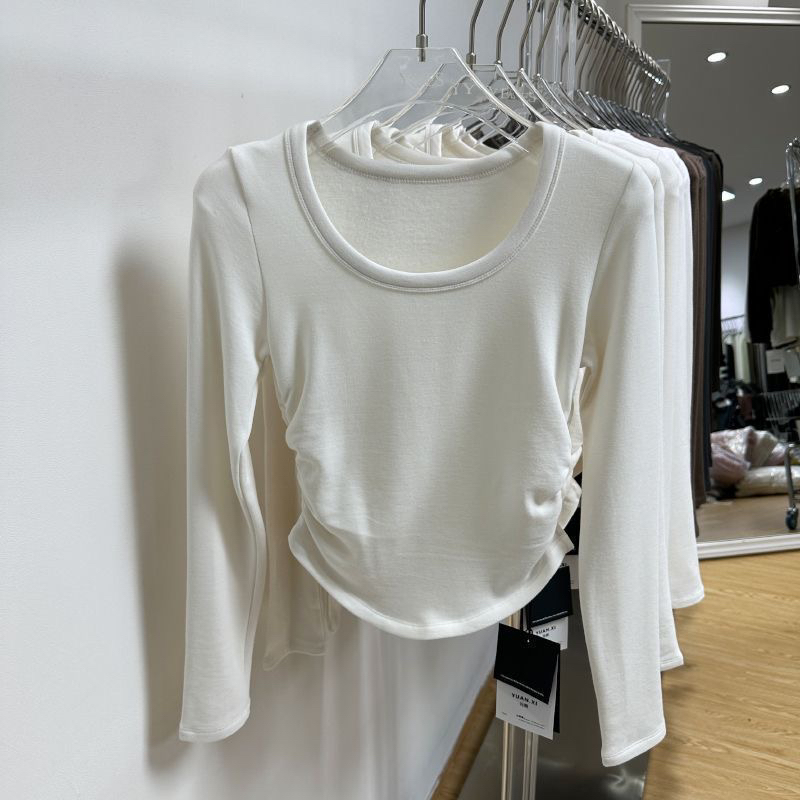 ADD2025秋季新款方领皱褶长袖T恤女气质修身显瘦百搭打底衫上衣