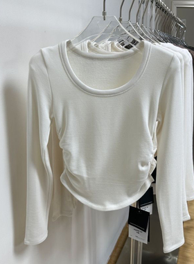 ADD2025秋季新款方领皱褶长袖T恤女气质修身显瘦百搭打底衫上衣