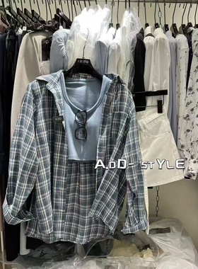 ADD十三行2025早秋韩版宽松格子衬衫女+蓝色背心带胸垫设计感小众