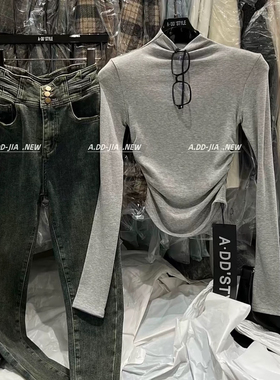 ADD亲肤柔软~2026春季褶皱半高领长袖T恤女装修身显瘦内搭上衣