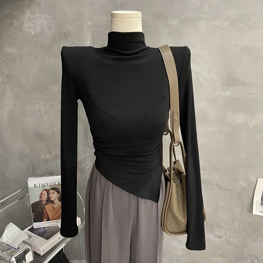 设计感~不规则垫肩上衣长袖T恤修身开叉半高领打底衫女内搭秋新款