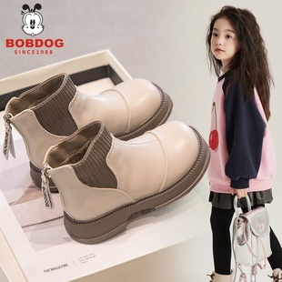 巴布豆真皮女童马丁靴2025秋冬季新款加绒棉靴子儿童百搭女孩短靴