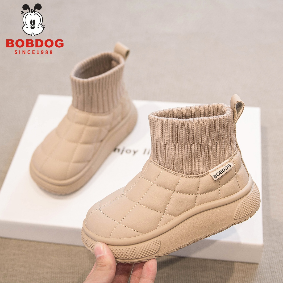 巴布豆真皮女童雪地靴加绒大棉鞋