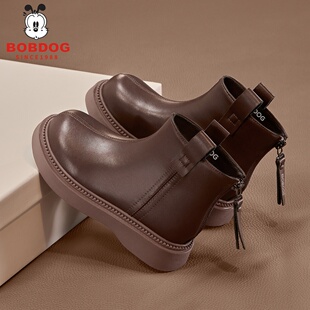 巴布豆真皮女童短靴儿童马丁靴2025秋冬季女孩公主洋气加绒棉靴子