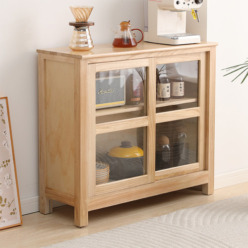 餐边柜实木玻璃收纳储物柜美式客厅矮柜一体靠墙小户型推拉门书柜