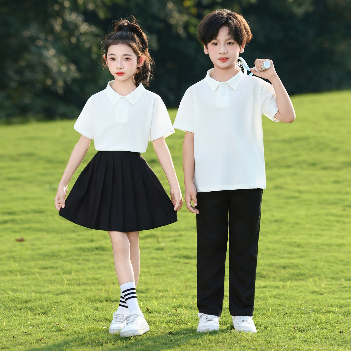 儿童POLO衫运动套装男女童翻领T恤黑色长裤套装合唱团演出服秋季