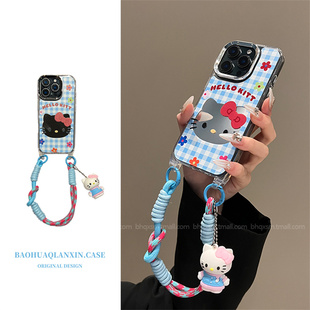 蓝格纹花朵kt猫适用于苹果16promax手机壳iPhone15promax斜挎可背挂绳16pro高级感14promax小清新15pro可背13