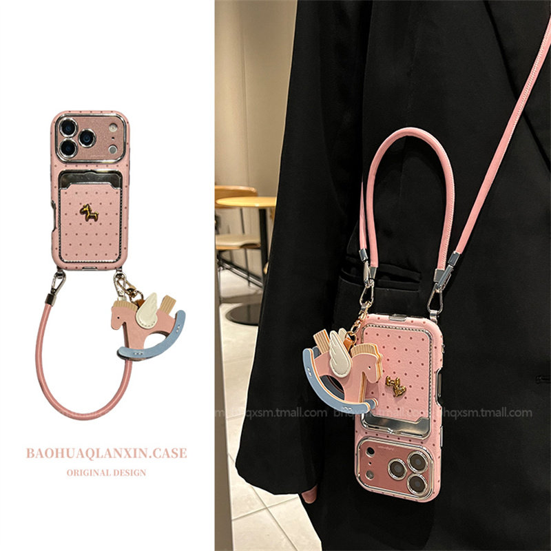 韩粉波点皮质卡包适用于苹果17promax手机壳iPhone16promax斜挎可背挂绳15pro可爱卡通14promax全包17pro马年