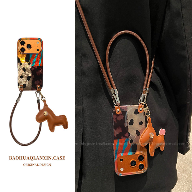 橘蓝条纹拼接豹纹适用于苹果17promax手机壳iPhone16promax斜挎可背挂绳15pro小众14promax复古13pro韩系15女