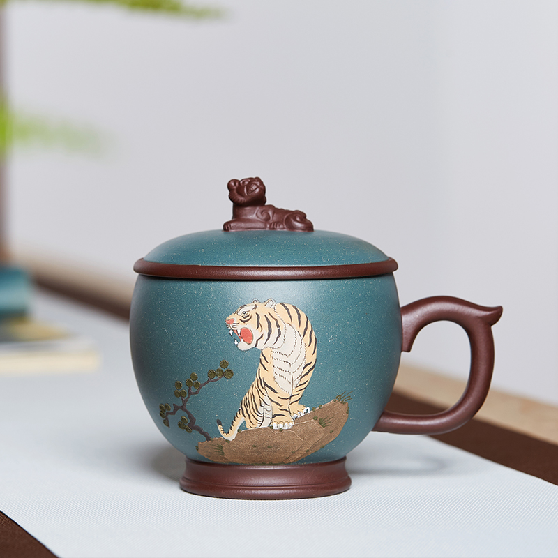 宜兴紫砂杯名家手工泥绘虎泡茶杯办公室家用功夫茶杯男士家用盖杯