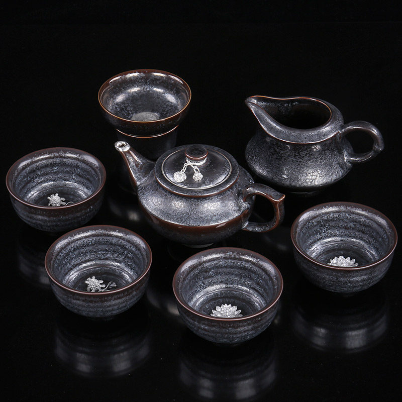 甲盏窑 李甲栈七彩银斑天目茶具功夫茶具套装8入茶壶茶海茶具