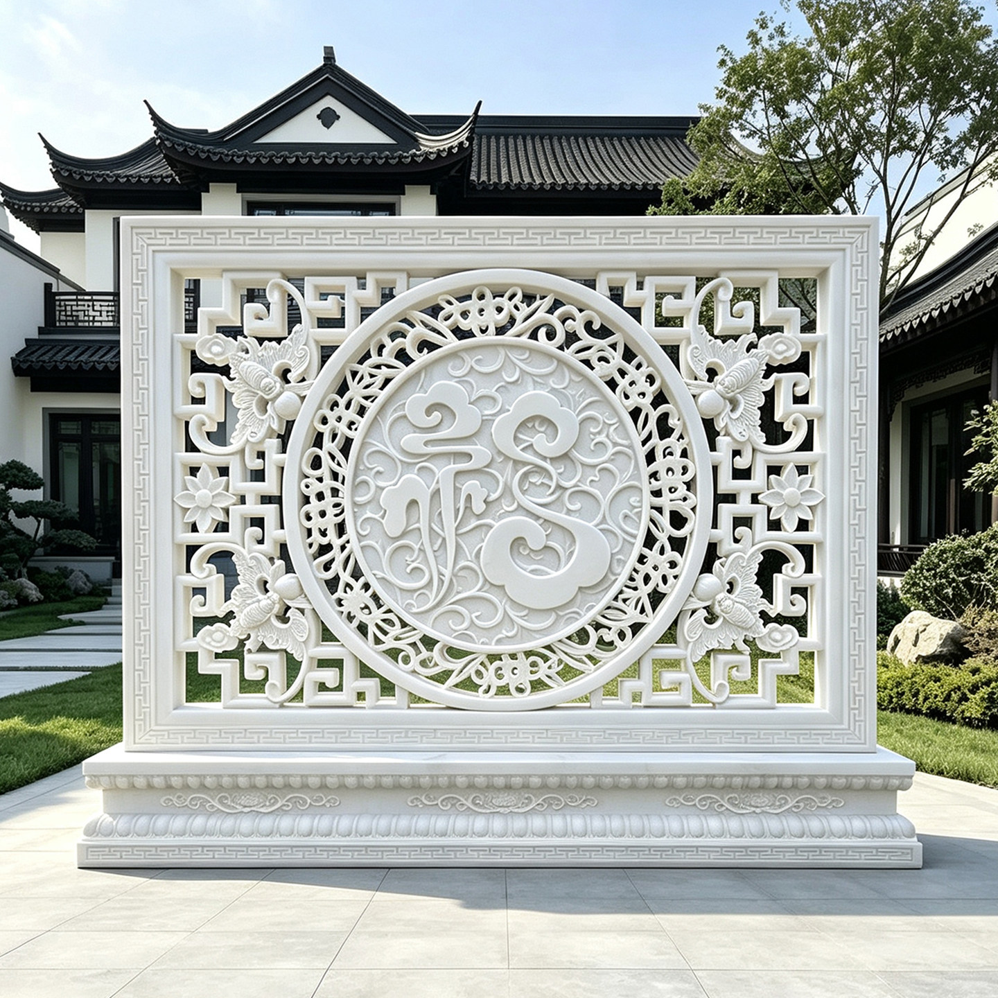 石雕镂空影壁墙庭院新中式迎门墙别墅入户门背景墙屏风浮雕壁画