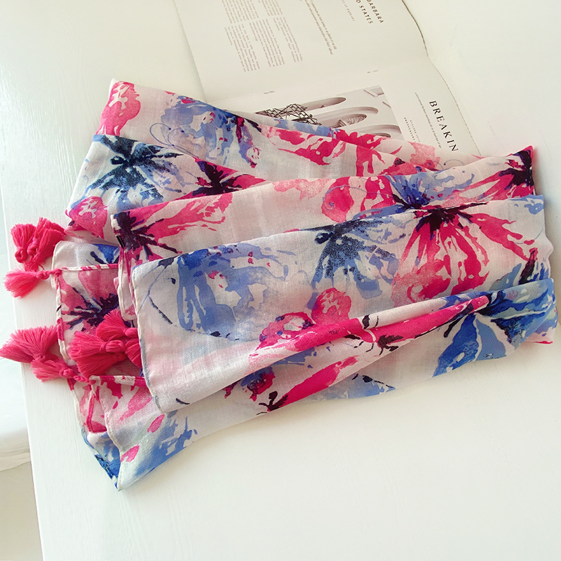 围巾蓝粉撞色水墨画棉麻手感人字纹沙滩巾挂流苏披肩丝巾女沙滩巾