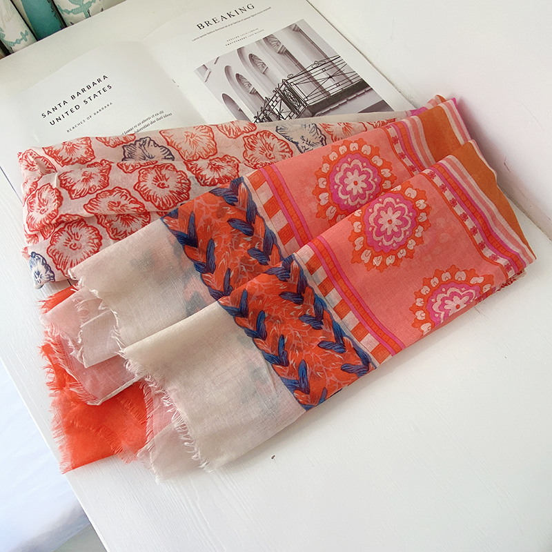 韩系小碎花毛边文艺棉麻手感围巾女秋冬保暖棉麻披肩春夏防晒纱巾