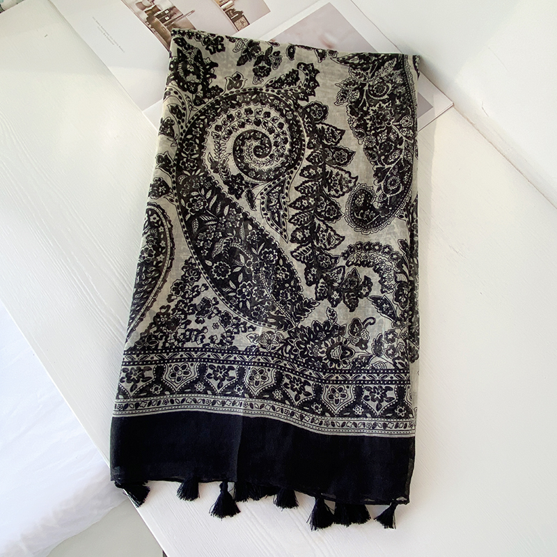 黑色印花文艺围巾女春夏秋款棉麻空调防晒长款披肩丝巾两用女
