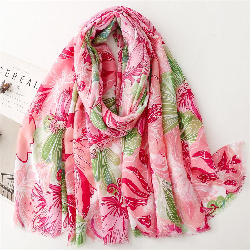 外贸国风时尚知性棉麻手感围巾粉色鲜艳人字纹丝巾厚防晒保暖披肩