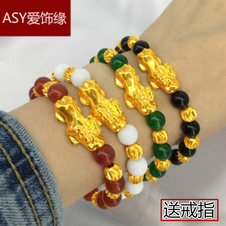 越南沙金招财貔貅手链男女欧币金转运珠情侣手串玛瑙珠仿黄金手镯