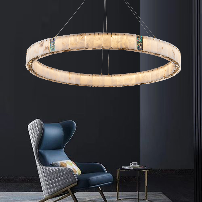 现代轻奢风客厅吊灯全铜天然云石餐厅灯简约高端大气新中式圆圈灯